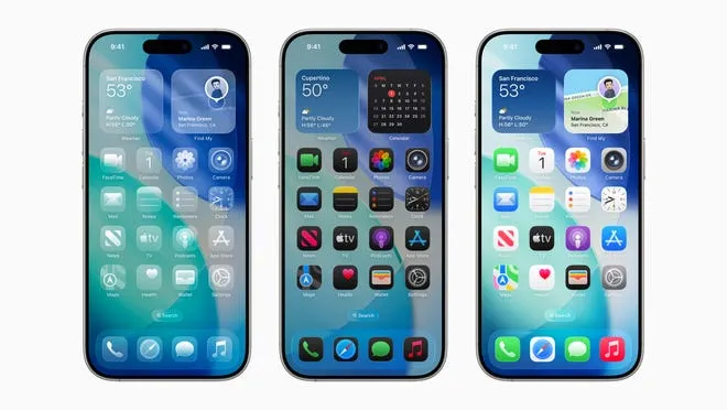 An iPhone displaying the new 'Liquid Glass' user interface from Apple's iOS 26 update.