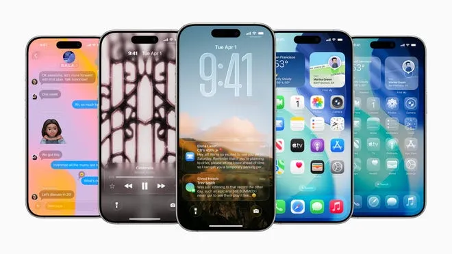 An iPhone displaying the new 'Liquid Glass' user interface from Apple's iOS 26 update.